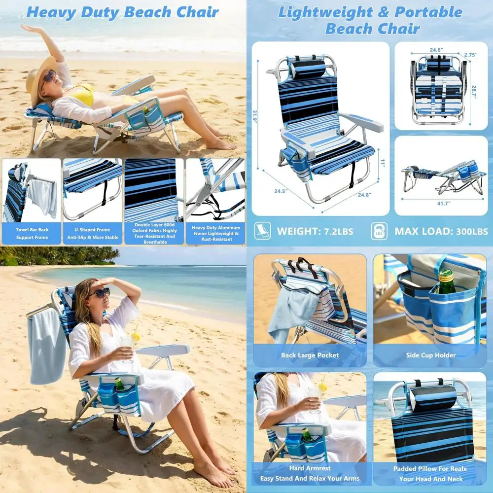

Portable Reclining Beach Chair for Adults with Cup Holder and Padded Rest, Lightweight Aluminum, Supports 300lbs