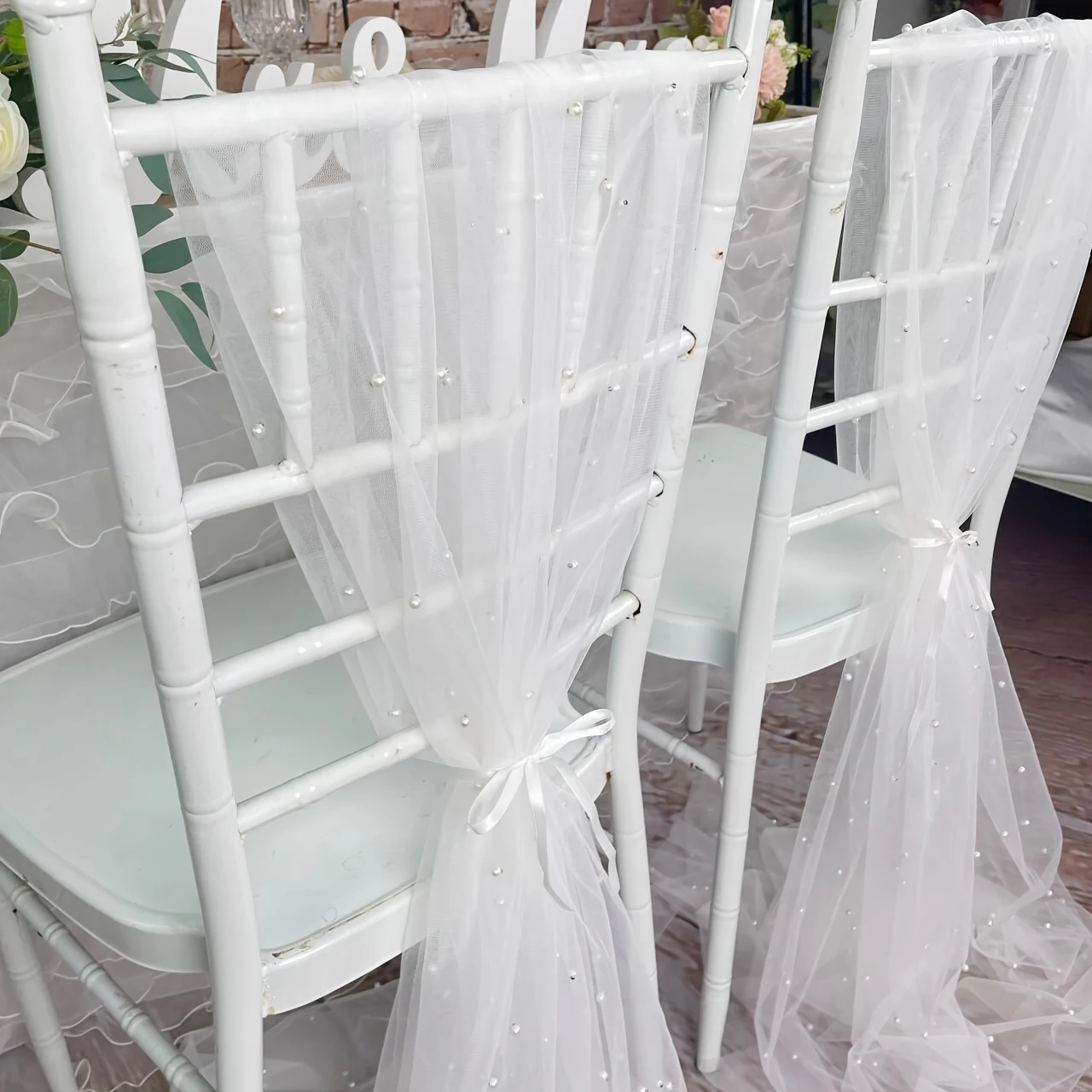 2pcs Pearl Tulle White Chair Sashes 75x200cm Long Aisle Wedding Chair Back Side Decorations Sheer Church Tulle Chair Drapes Bulk