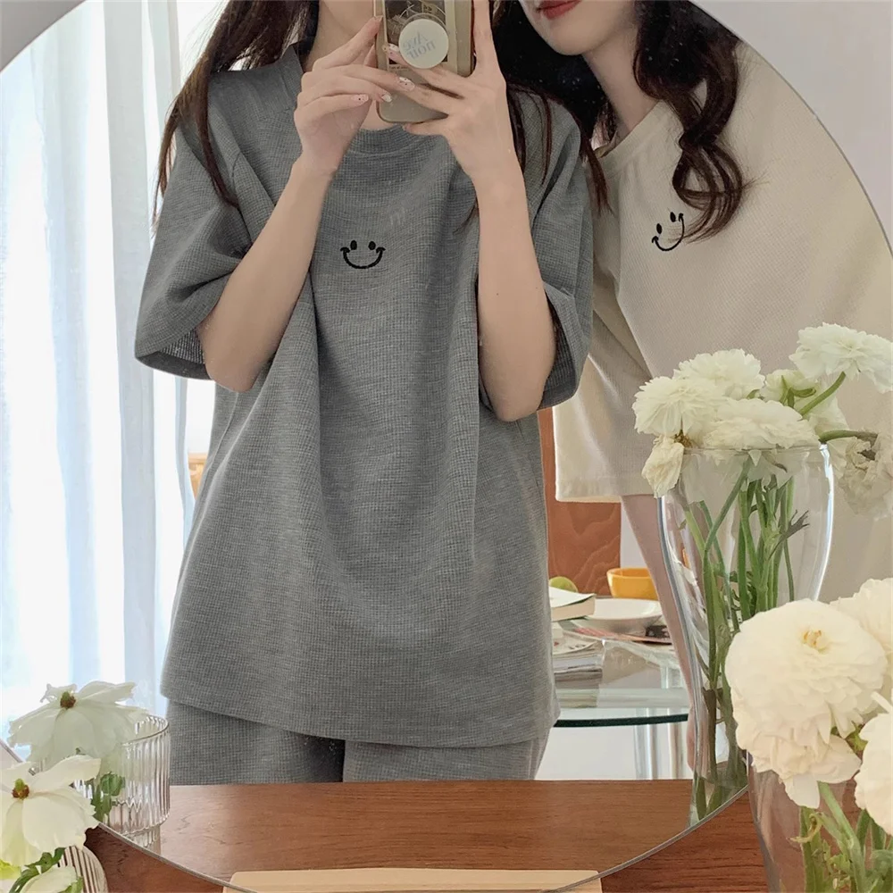 Women's Pajamas Sets Smile Sleepwear Short Sleeve Pajama Homewear Female Nightwear Korean Style 2024 Casual Homewear