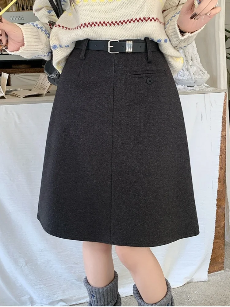 SMTHMA تنورة صوفية عصرية جديدة للخريف والشتاء عالية الخصر للتخسيس مع حزام