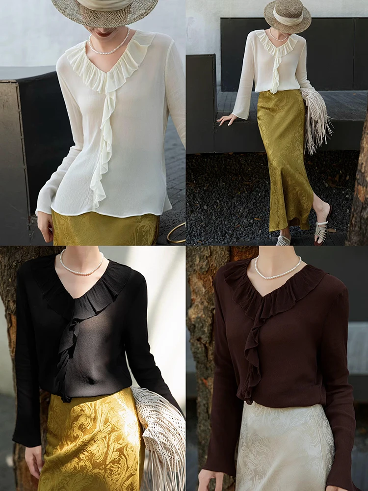 

Женская модная дышащая блузка из медного аммиачного шелка с V-образным вырезом, рюшами под дерево и длинными рукавами, в деловом стиле