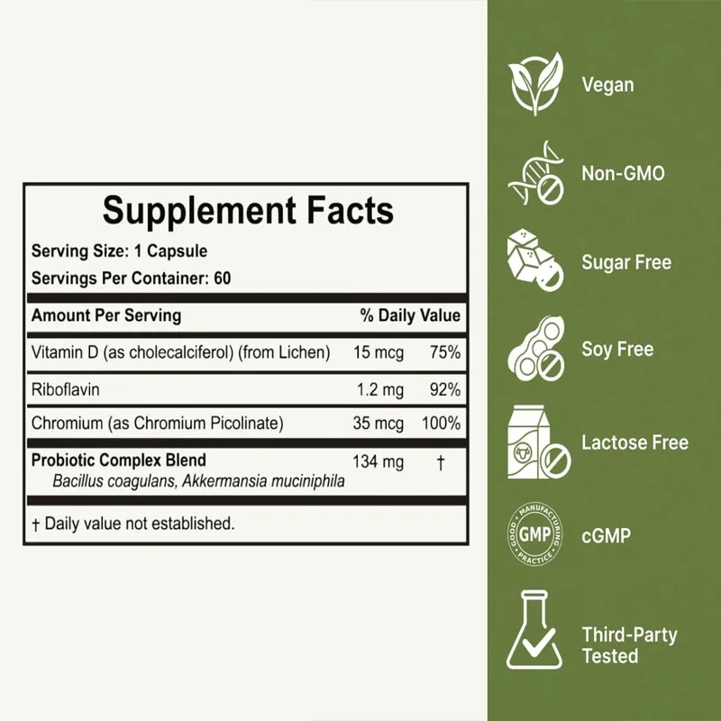 Akkermansia Probiotics Bacillus subtilis ที่มีวิตามิน B2 D3และโครเมียม-น้ำหนักและการจัดการลำไส้