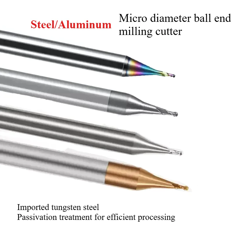

HRC55/62 Small Diameter Ball End Milling Cutter, Micro Carving Tool for Hard Alloy Metal Processing Small Diameter R0.05-R0.45