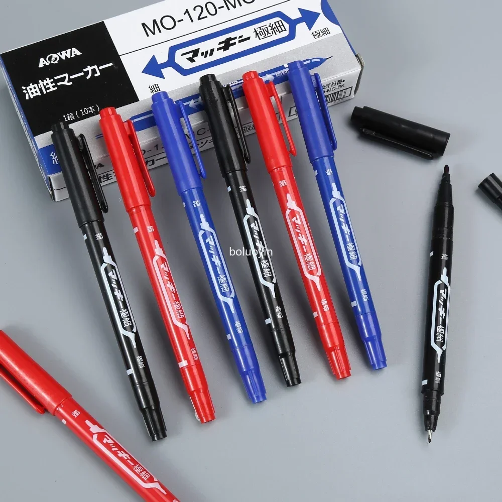 10Pcs Permanent Double Head Marking Pen Waterproof Ink Fine Spot Black Blue Red Ink 0.5/1.0mm Round Head Fine Color Marking Pen