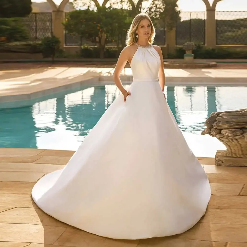 

Customized Gorgeous Women's Elegant Bridal Gown O-Neck with Crystal A-line Satin Backless Draped Modest Princess Wedding Dresses