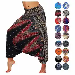 Women's Ethnic Style Loose Printed Wide Leg Bloomers High Waist Fitness Sports Yoga Crotch Dance Pants