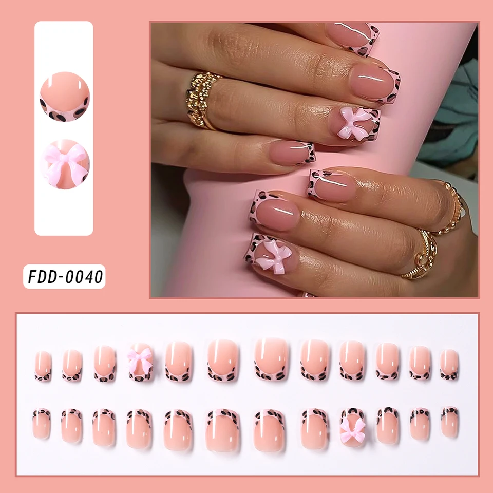 24Pcs Uñas Postizas Cortas Cuadradas Francesas Leopardo con Moño 3D Rosa Otoño Invierno Estampado de Leopardo# 5