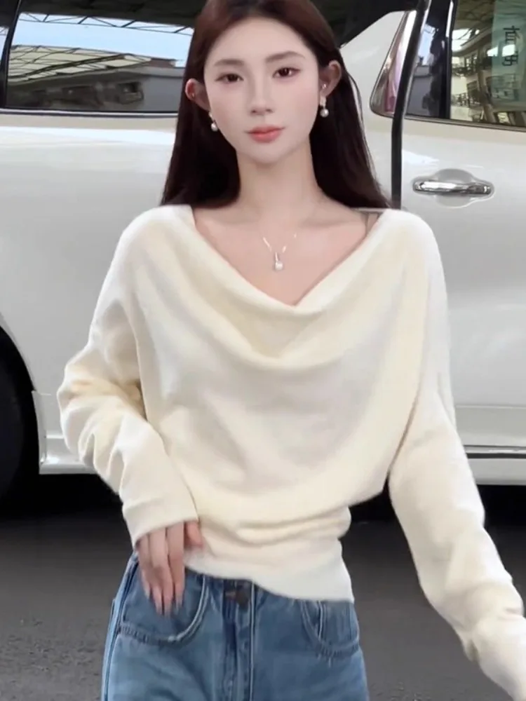 여아 니트 스웨터 오프숄더 언밸런스 백색 이너웨어 부드럽고 편안한 가을 겨울 상의 허리 조임 베이스 셔츠