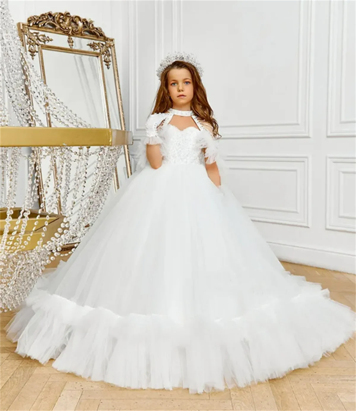 Robe de demoiselle d'honneur en tulle moelleux blanc, robe de mariée à fleurs mignonnes, robe de fête d'anniversaire charistique pour enfant, cadeau pour fille, Rotterdam Kle