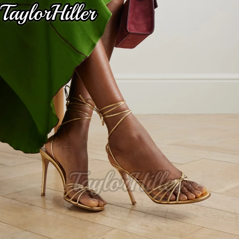 

Gladiator Heels Strappy Lace Up Heeled Sandals Golden Open Toe Shallow Shoes Summer Brown Black Shoes Dress Party Sandalias New