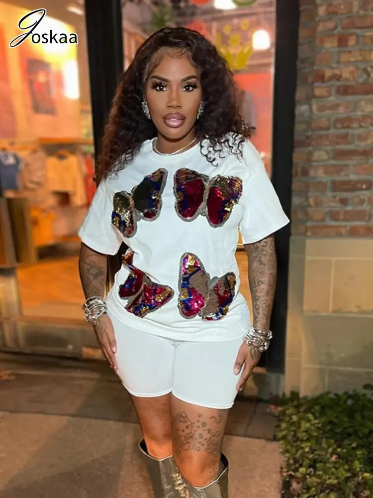 

Joskaa Casual 2 Piece Sets Women Sequin Butterfly Short Sleeve T-Shirt and Shorts Matching 2025 Active Tracksuits Y2K Streetwear