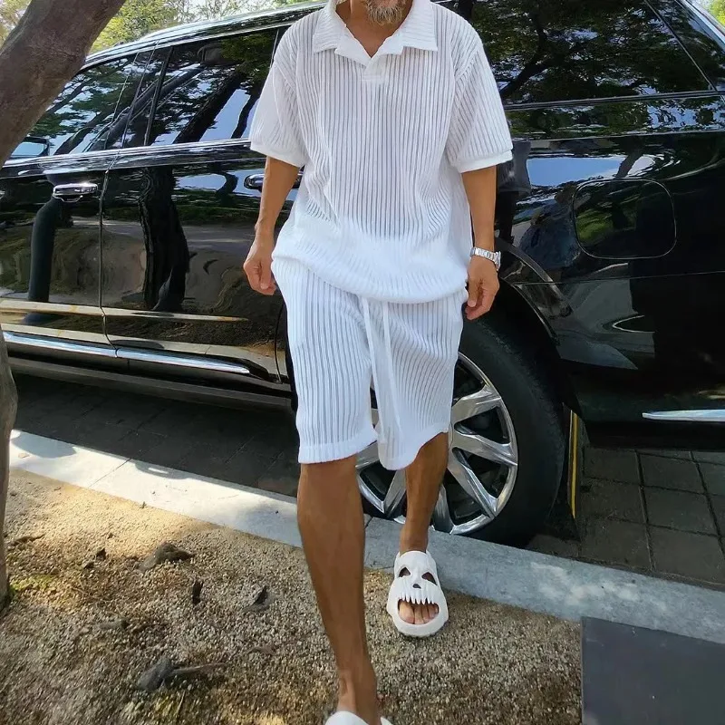 

Spring Summer Fashion Knitted Short Sleeve Tops And Shorts Male Two Piece Set Streetwear Casual Loose Solid Men Vintage Suits