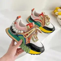 2023 New Women Leather Sneakers Lace Up Rainbow Colors Platform Shoes Pearls Chain Decor Fashion Vulcanized Shoes Women