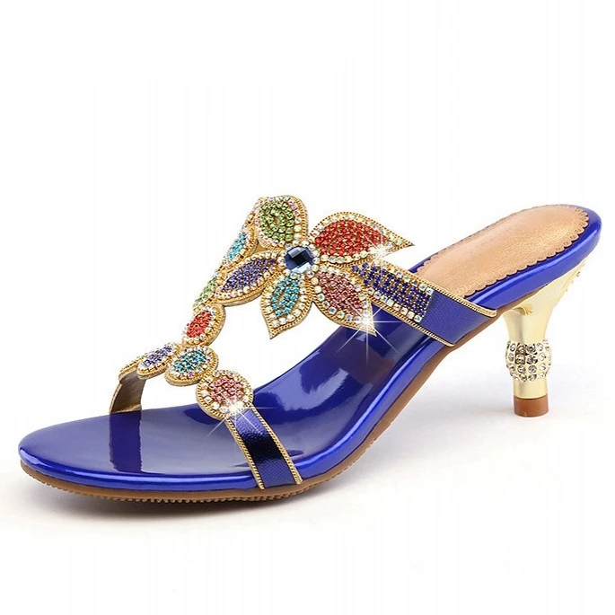

New Big Size Fashion Woman Slippers Colorful Rhinestones Summer Sandals Women Wedding Shoes Lady Slides Thin High Heels D0008