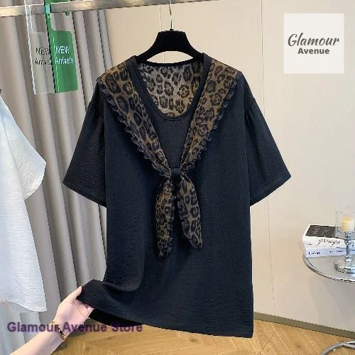 

Korean style navy collar leopard print shawl round neck shoulder short sleeve T-shirt women's summer new plus size fake two tops