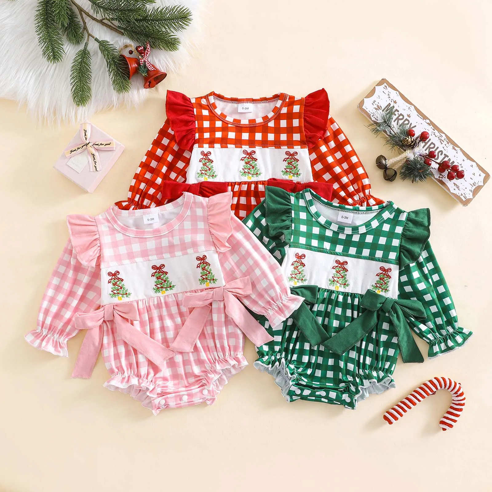 

Bodies Baby Girls Christmas Long Sleeved Checkered Bow Bodysuit Cute Christmas Tree Embroidery Bodysuit Girl Long Sleeve Leotard