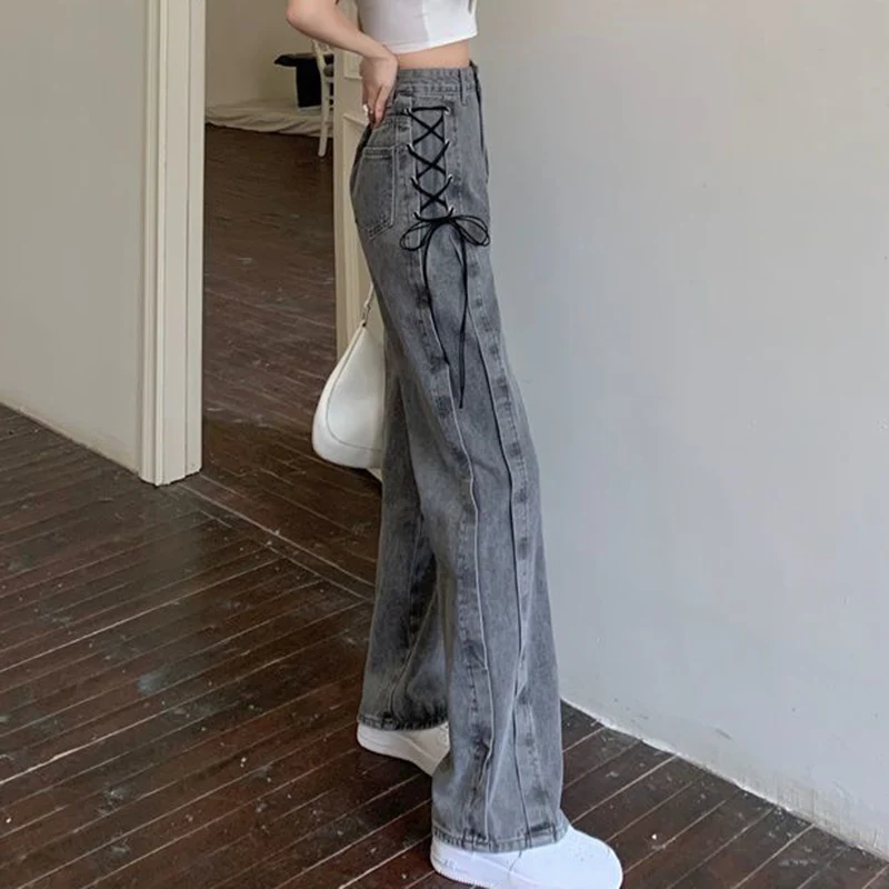 韓国サイドレースアップデザインパイプパンツ女性スタイリッシュなローレイズグレーデニムフルパンツ女性 2025 新しいソリッドストレートジーンズ女性
