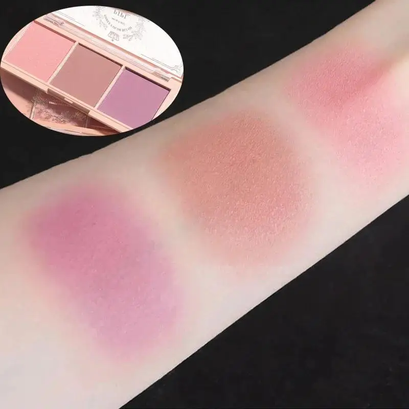 Paleta de rubor de melocotón de 3 colores, polvo mate, tinte para mejillas, colorete facial, maquillaje de sombra de contorno de color naranja de larga duración multifuncional