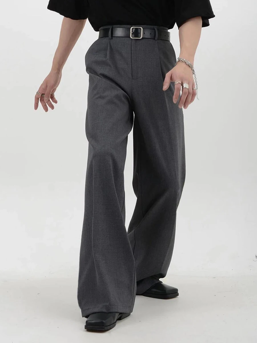 REDDACHiC Business Casual Men Suit Pants Gray Plain Wide Leg Pleated Front High Waist Pockets Draped Dress Pants Male Trousers