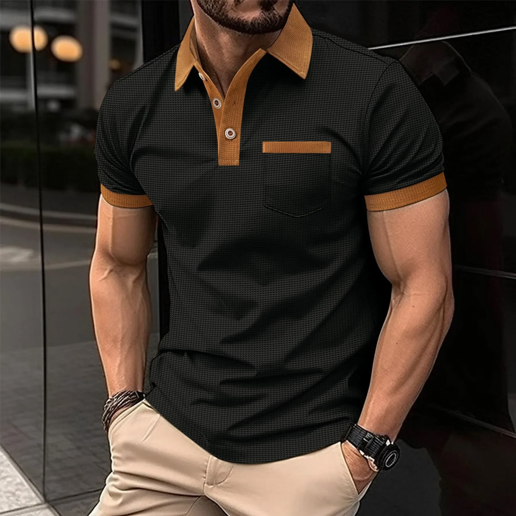 Summer 2026 Men's Short Sleeve POLO Shirt Waffle Texture Color Block Chest Pocket Button-Up T-Shirt Top