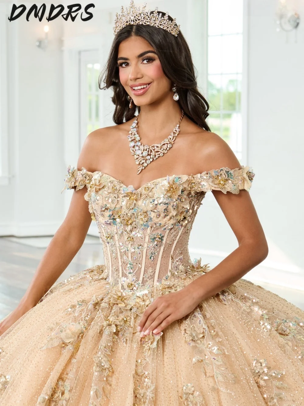 Vestido romántico para quinceañeras con hombros descubiertos, encantador vestido de fiesta con flores en 3D, vestido de fiesta sin tirantes sin mangas brillante, 16 personalizado