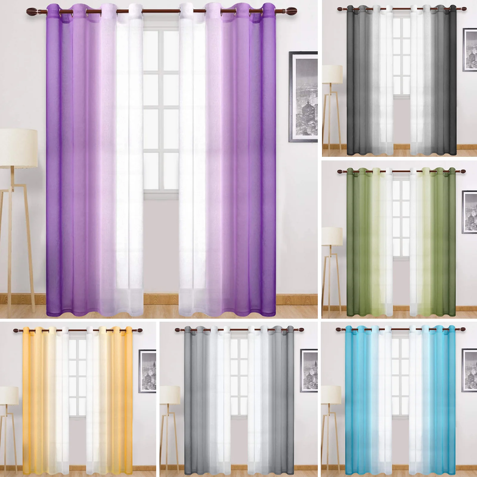 2 Pieces Fashion Gradient Window Tulle Sheer Curtain Voile Drape for Home Living Room Bedroom Party Decor 52x96in