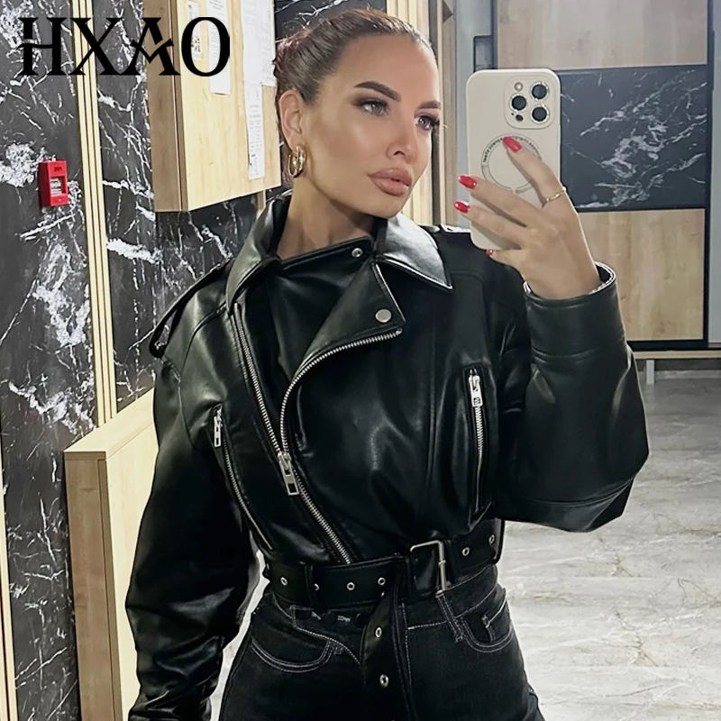

HXAO 2025 Women's Jacket Black Leather Jacket Autumn New In Coats & Jackets Cropped Zipper Long Sleeve Tops Chic Moto Outerwears