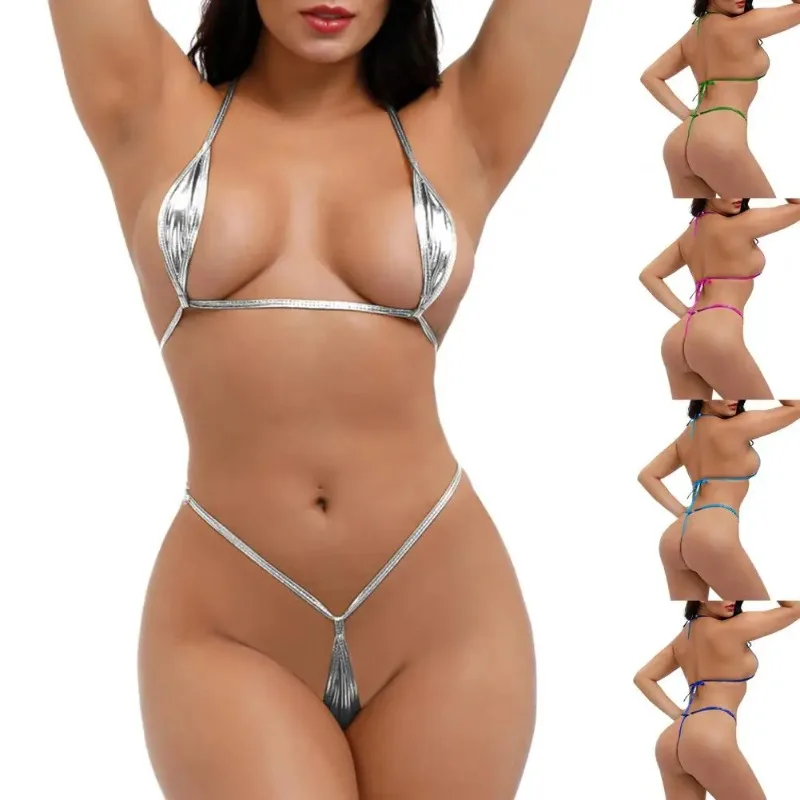 Swimwear Shiny Women Erotic Mini Bikini Lingerie Set Halter Neck Bra Micro G String Thong Underwear PU Patent Swimsuit Leather view 2