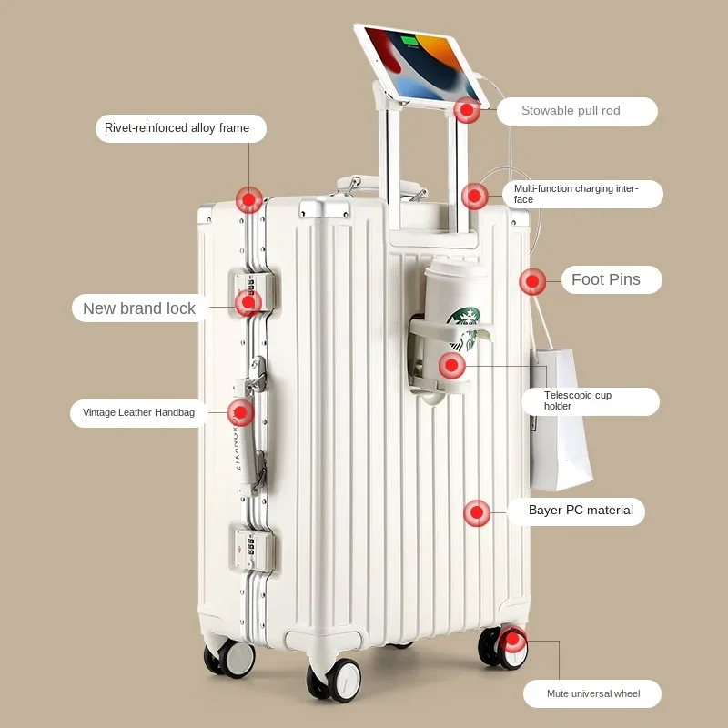 다기능 수하물 알루미늄 프레임 여행 가방, 충전식 대용량 여행 가방, 20 인치 탑승 암호 가죽 가방