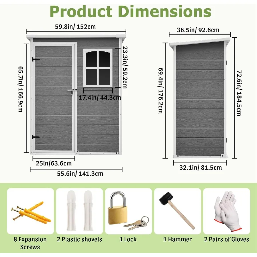 Outdoor storage shed for backyard lawns, terraces, bicycles, trash cans: resin material, gray color, weatherproof, lockable, wi
