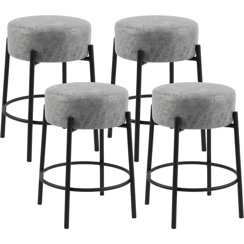 24 Inches Modern Counter Bar Stools, Round Fabric Upholstered Bar Chairs, Backless Kitchen Island Stools