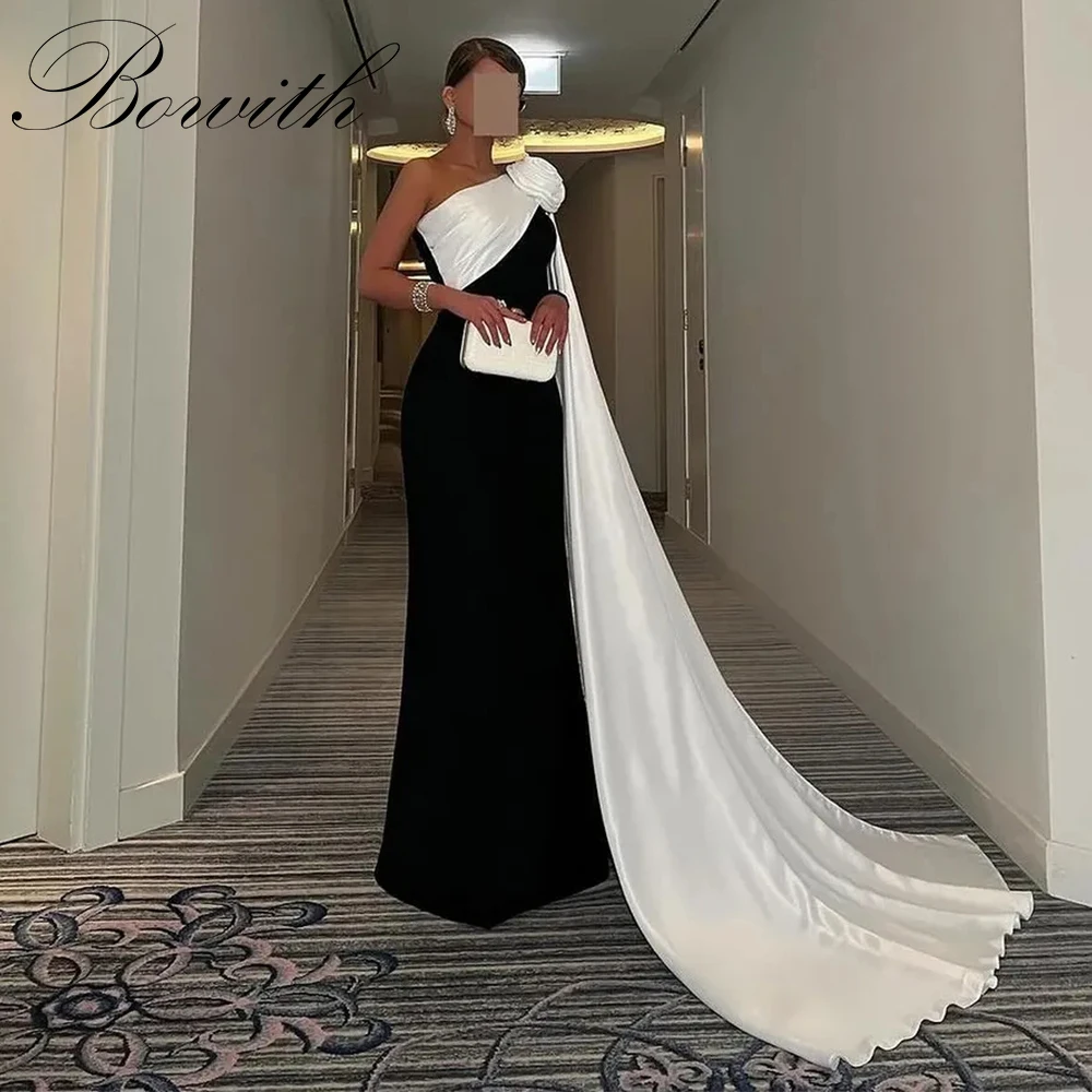 

Вечернее платье Bowith на одно плечо для женщин, 2025 г., черно-белые платья для выпускного вечера с длинными рукавами, арабские вечерние платья с цветочным принтом по индивидуальному заказу
