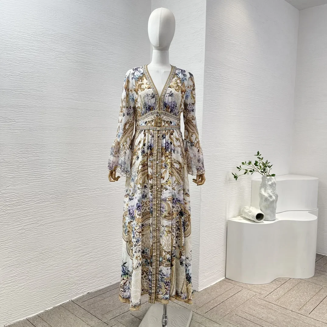 

2025 Woman Clothes Goldfen Floral Print Long Sleeve Diamonds Pressed V Neck Midi Evening Dresses