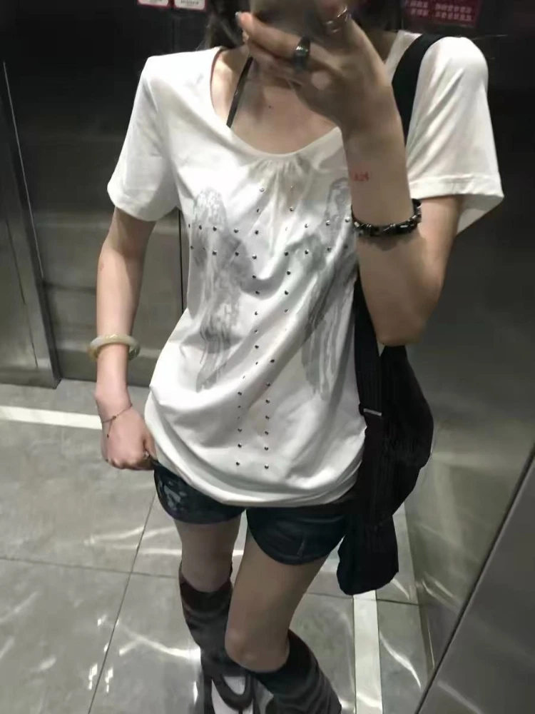 Y2K Korean Vintage Sexy Ruched Slim Fit Versatile V Neck Short Sleeve T Shirt Women Wing Rhinestone Casual Daily Streetwear