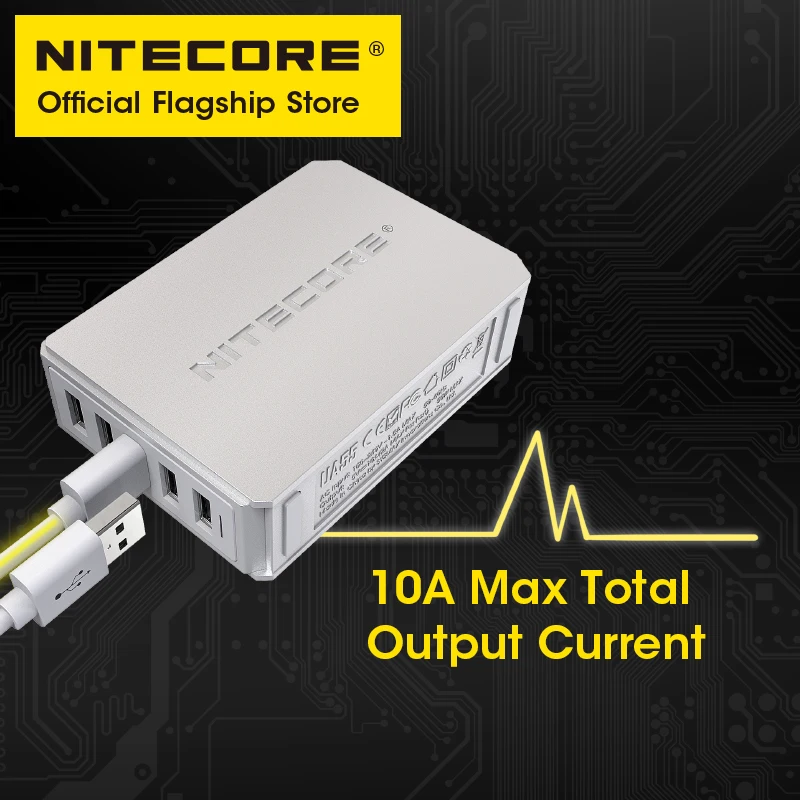 NITECORE UA55 Multi-port USB Charging Adapter 50W High Speed USB  Fasting Charging For 5 devices Phone Tablet, AC Power Cable