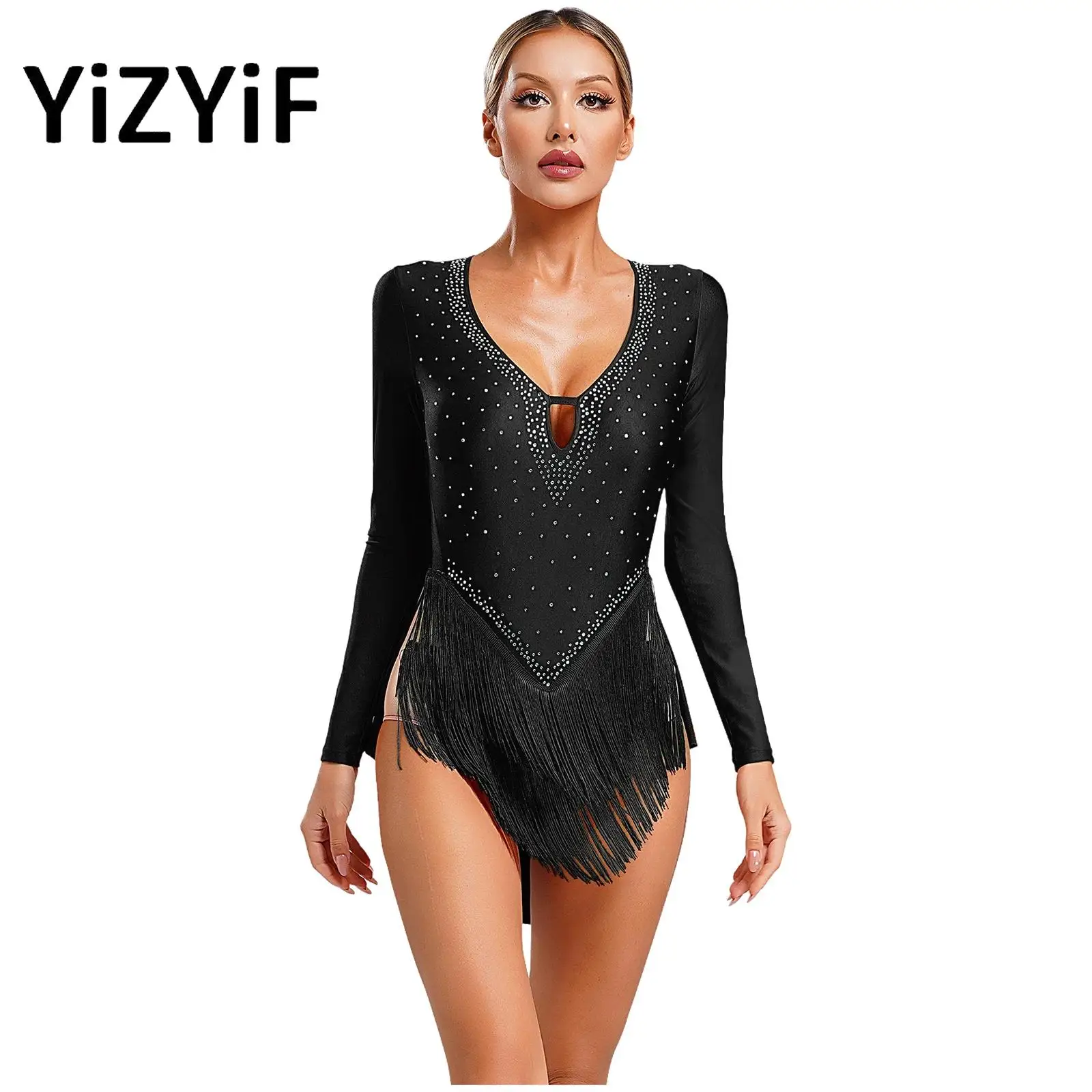 

Womens Deep V-Neck Latin Leotard Glittery Rhinestones Fringe Dance Leotard Long Sleeve Backless Bodysuit Dancewear