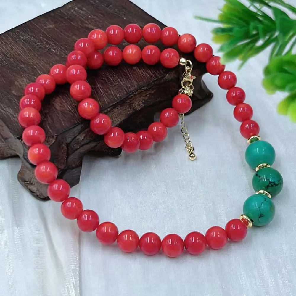 8mm 12mm 17-20inch  Fashion Jewelry Natural Sea Bamboo Red Coral Green Turquoise Beads Short Collar Female Necklace
