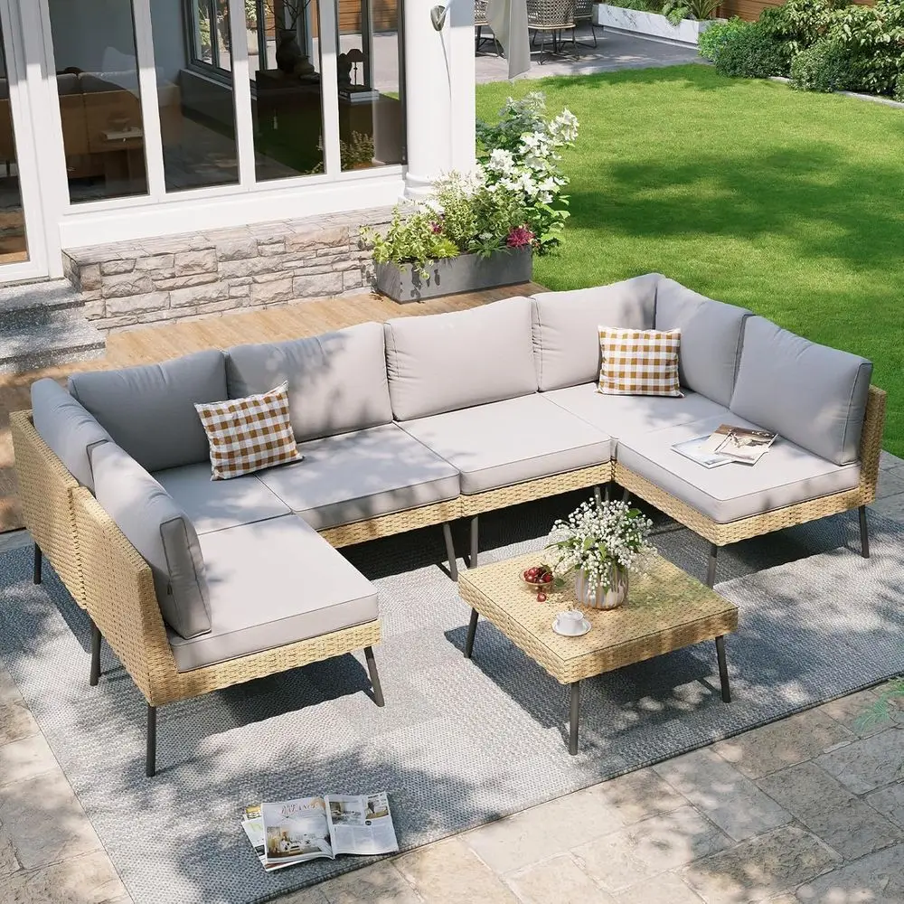 

7-Piece Outdoor Wicker Furniture Set with Thick Cushions, Water-Resistant, Ideal for Patio, Sectional Sofa with Coffee Table, Li