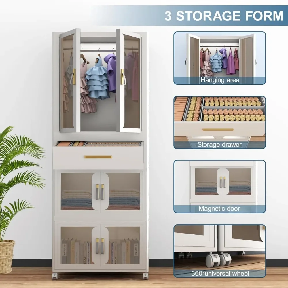 

Portable Kids Wardrobe, Closet Organizer w/Hanging Rod, Collapsible Wardrobe Closet Storage Cabinet for Bedroom, Easy to Install