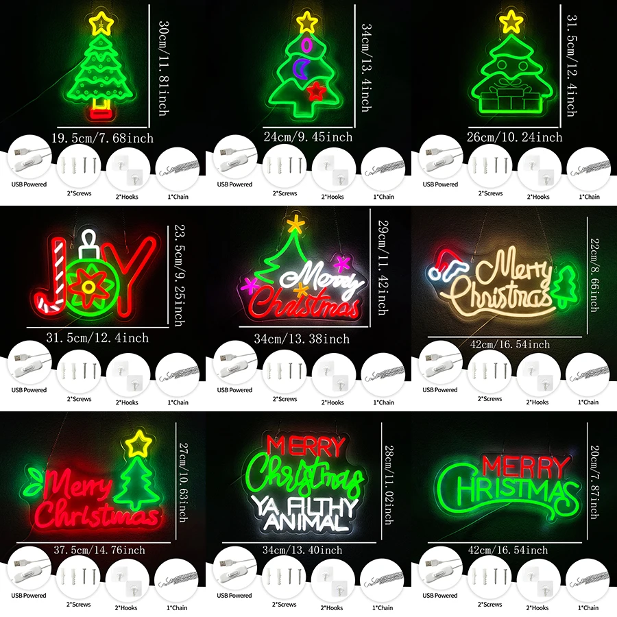 Merry Christmas Neon Sign for Wall Decor, Christmas Tree Neon Signs Vibrant LED Neon Light up Sign for Party Decor USB Powered