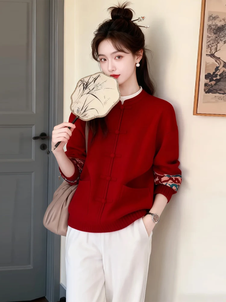 

Red Chinese Style Knitted Sweater Coat Women's Loose Fit Casual Long Sleeve round Neck Button up Cardigan Spring Autumn Wear