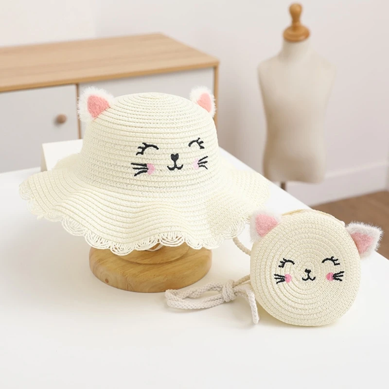 Children\'s Summer Straw Hat, Girls\' Cute Smile, Wavy Cat\'s Ears Steamed Cat-ear Shaped Bread Straw Hat Matching Bag