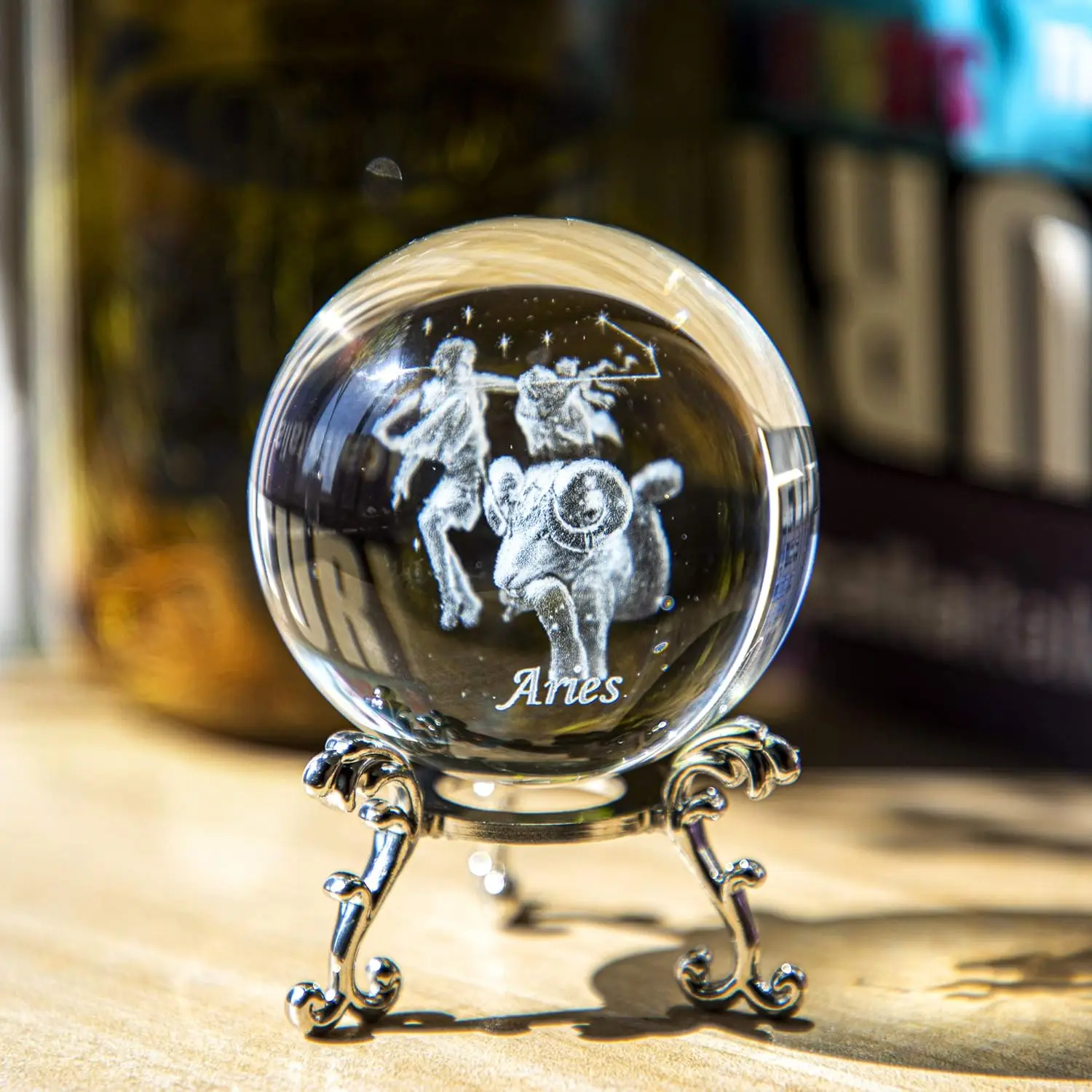 

12 Constellation 6cm 3D Crystal Ball Aries Glass Ball Ornament Silver Metal Base Crystal Crafts Birthday Gift Home Decoration
