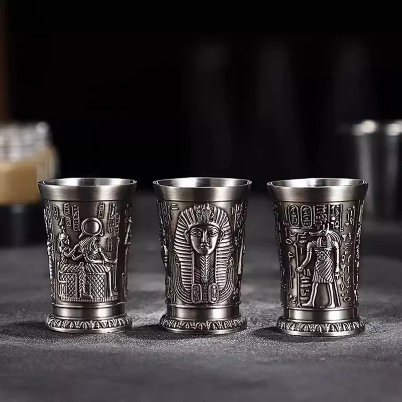 Oude Egypte Totem Art Reliëf Retro Bronzen Likeur Wijn Glas Vermout Absint Cocktail Cup Metal Liquor Wodka Klein Wijnglas