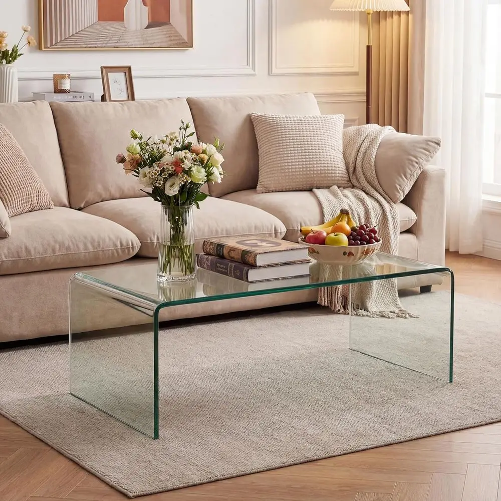 

40 Inch Clear Tempered Glass Coffee Table, Round Edges, Ideal for Living Rooms and Small Spaces