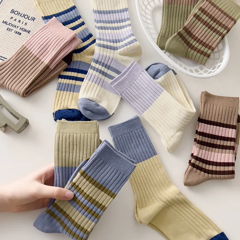 

Винтажные полосатые носки, женские хлопковые модные туфли до середины икры, цветные блоки, высокие носки из чистого хлопка в японском консервативном стиле для Stude