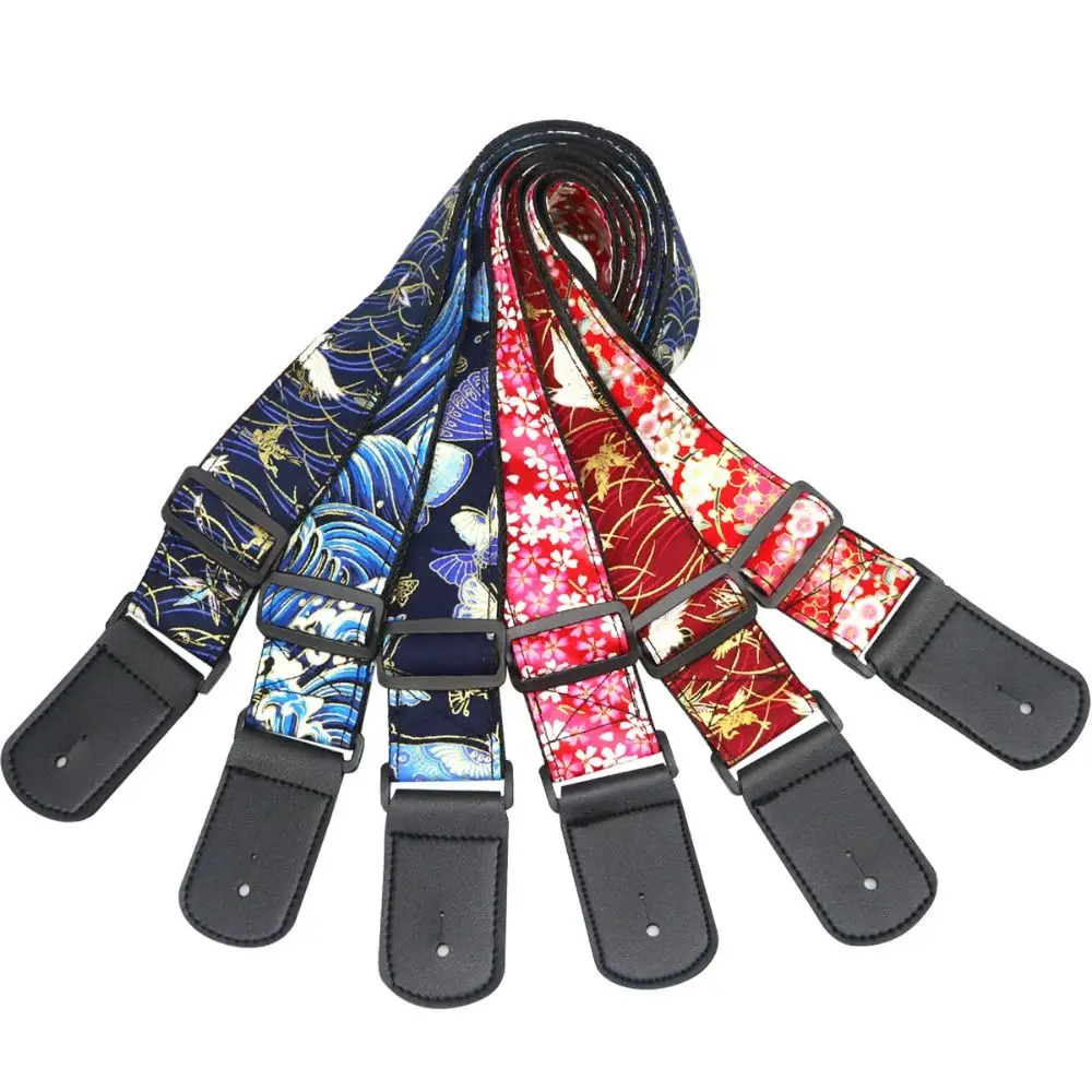 Vintage Guitar Strap Cherry Blossom Red Crowned Crane Electric Guitar Belts Butterfly Embroidered Print Guitar Shoulder Belt