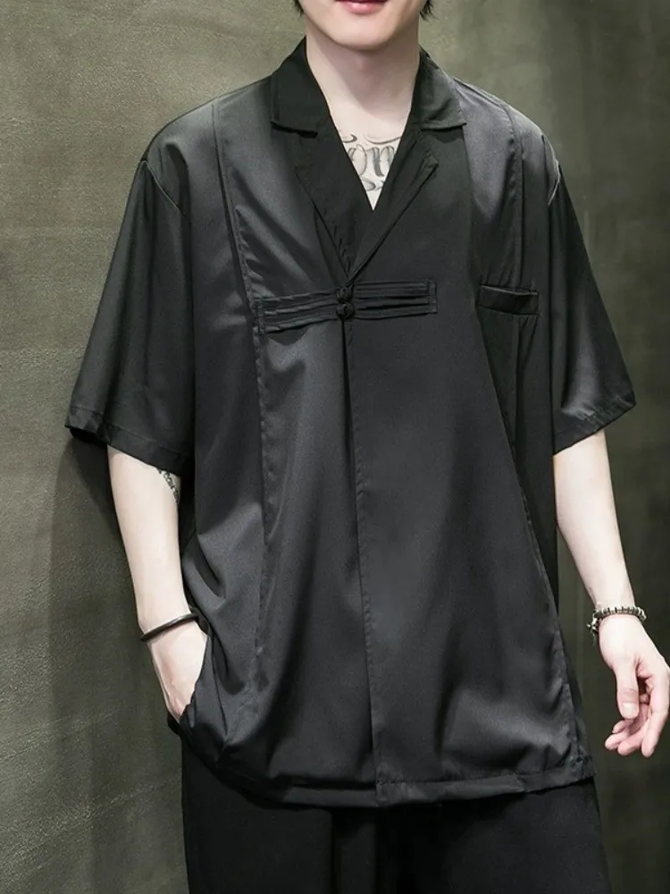 

Мужская рубашка из ледяного шелка на пуговицах, с коротким рукавом, тонкая, в стиле тан, ретро, улучшенный китайский стиль ханьфу, мужская одежда