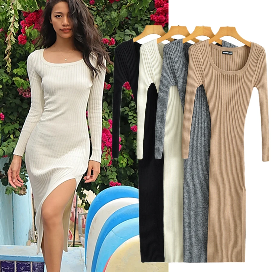 

Dave&Di High Street O-neck Rib Knitted Sheath vintage Forking Sexy Party Midi Dress Women 2022 Ins Blogger England Fashion Dress