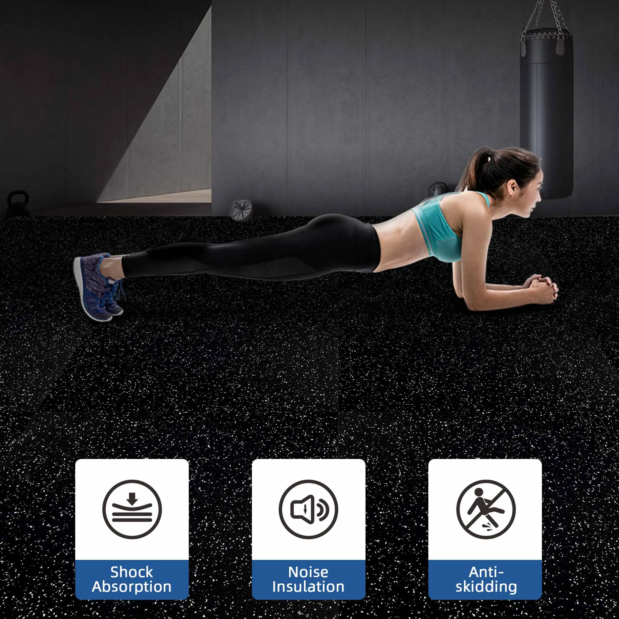 Azulejos de piso de exercício de ginástica interligados de espuma EVA - preto branco 24 x 24 polegadas 0,55 polegadas de espessura - pacote de 12 telhas 48 m2. Pés. Cobertura